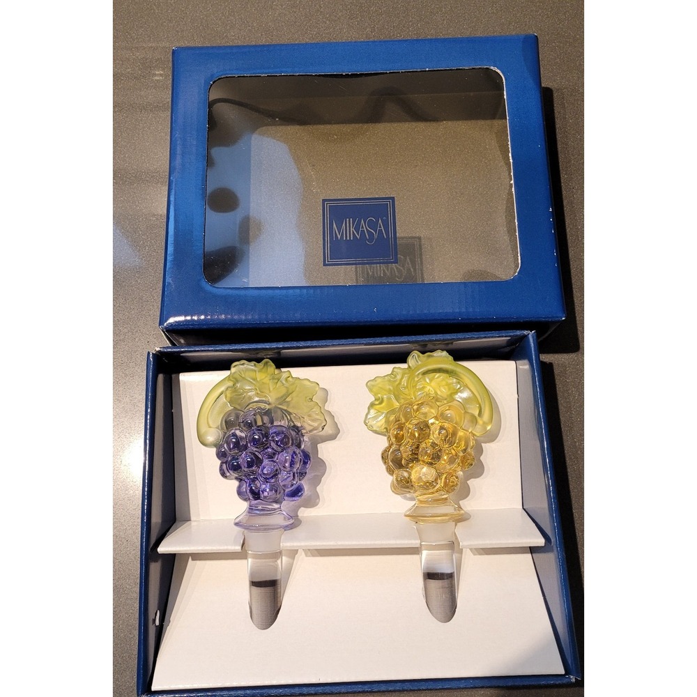 Mikasa Glass Grape Wine Bottle Stoppers Crystal Set of 2 – Yellow & Purple
